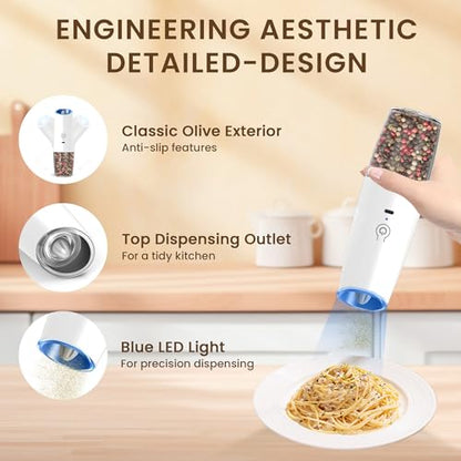 Rechargeable Gravity Salt Pepper Grinder Set, 2 Pack (White) | Gravity Automatic Grinder With LED Light & Adjustable Roughness, Rechargeable Seasoning Tool For Kitchen Use - color: Rechargeable/Set/White
