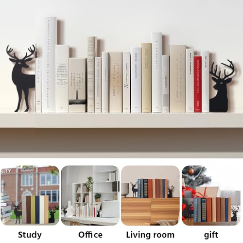 Reindeer Metal Bookends Set of 2 Black Reindeer Head Christmas Book Ends for Shelves Elk L Shaped Book Organizer for Desk Organizer Deer Lovers and Reading Enthusiasts - style: Christmas Reindeer