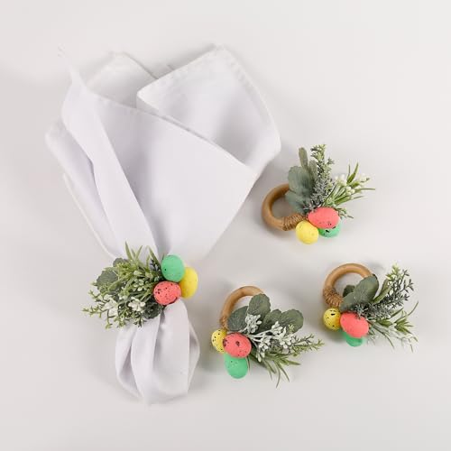 Easter Egg Napkin Rings Set of 4 with Leaves | Jute Wooden Buckle Napkins Holder | Beautiful Addition to Your Easter Day Celebration | Ideal for Kitchen, Dinner Party, Festival Decor - style: Easter Egg