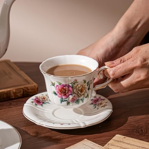 Ceramic Floral Cups with Saucers，7 oz Espresso Cups for Latte Coffee Cafe, Cappuccino and Tea (1, Camellia) - color: Camellia