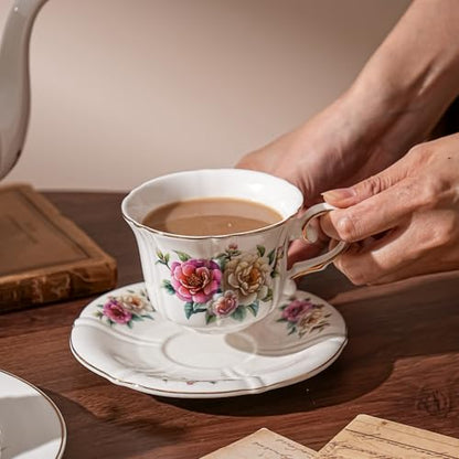 Ceramic Floral Cups with Saucers，7 oz Espresso Cups for Latte Coffee Cafe, Cappuccino and Tea (1, Camellia) - color: Camellia