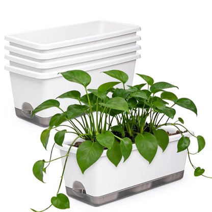 5-Pack Rectangular Self-Watering Planters with Drainage – Plastic Flower Pots for Indoor Outdoor Plants, Window Garden, Ideal for Herbs, Flowers & Vegetables, Easy-Fill Watering System, White