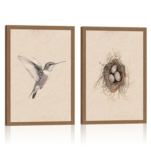 2pcs Retro Framed Canvas Prints - Hummingbird Bird Nest Wall Art Hummingbird Sketch Oil Painting Stunning Nature Wall Art For Living Room, Bedroom, Office Decor 16x24in - color: Hummingbirds return to their nests, size: 16x24in