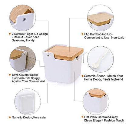 Ceramic Sugar Bowl with Bamboo Lid and Spoon,Porcelain Sugar Container for Home Kitchen,Salt Condiment for Sugar Tea Coffee Spice,White,9 Fl oz 270ML - color: S-002