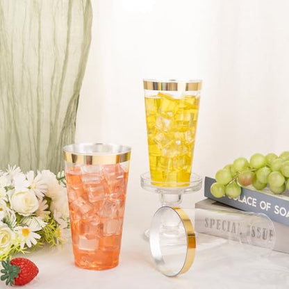 I00000 16 oz Gold Plastic Cups, 100 Pack Clear Plastic Cups with Gold Trim | Tumblers Gold Rimmed Disposable Cup, Heavy-duty, BPA-Free, Everyday Use, Disposable Cup Perfect for Birthday, Wedding & Party - color: 16-Gold-100