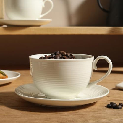 10OZ Porcelain Cappuccino Cups with Saucers, Ceramic Espresso Cups Set, White Coffee Cup and Saucer, White Tea Cup Set, Dishwasher & Microwave Safe, Gift for Anniversary or Housewarming (4PCS) ﻿