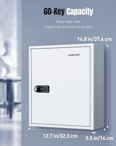 Uniclife 60 Position Steel Key Cabinet with Combination & Key Lock, White | Wall mount key lock box, resettable 4-digit code lock, 2 backup keys, thickened steel, large capacity, adjustable rack&labels - color: White, size: 60 Keys