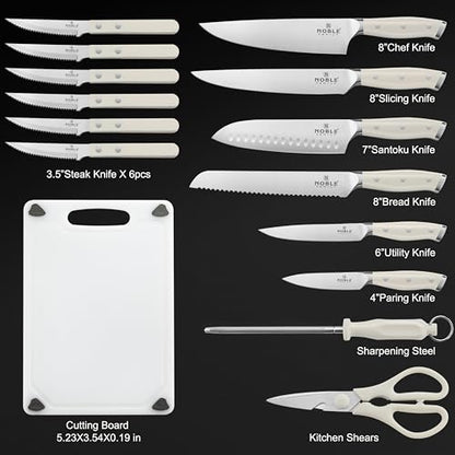 N NOBLE FAMILY In-drawer Knife Block Set, 16PCS Kitchen Knife Set with Wooden Block, Chopping Knives Set, Stainless Steel Knife Block Set, Sharp Cooking Knife Set with Cutting Board, Rust Proof, White - color: White