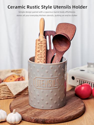 GDCZ Ceramic Utensil Holder 7 Inch, Utensil Crock for Countertop (Grey) | Large 7" Capacity, Sturdy Countertop Tool Organizer, Durable Ceramic, Embossed Utensils - color: Grey