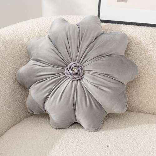 Flower Pillow Cushion Round Decorative Throw Pillows 15.7 Inch Velvet Flower Shaped Pillow Floral Cushion for Sofa, Couch, Vanity Chair, Bed (Grey) - color: Grey