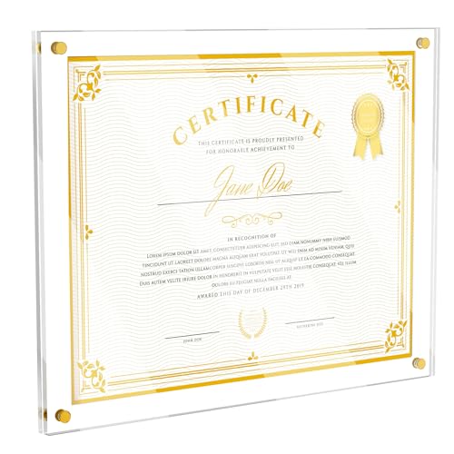 11X14 Acrylic Diploma Frame,Clear Floating Picture Frame for Wall No Drill | Frameless Picture Frame Photo Frame, Acrylic Frame for Diploma Certificate Degree Document & Artworks Display - color: Gold Screw, size: 11X14 Straight edge