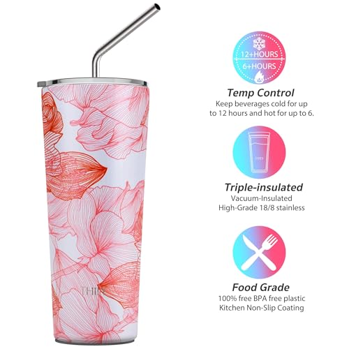 THILY Tumbler Stainless Steel Coffee Cup 26 oz Triple-Insulated Travel Mug with Splash-Proof Lid, Reusable, BPA Free, for Iced Water and Hot Beverage Smoothies Cup, Red Lotus - color: Red Lotus, size: 26 Ounce (Pack of 1)
