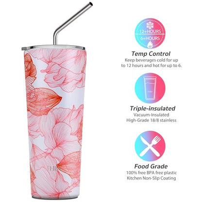 THILY Tumbler Stainless Steel Coffee Cup 26 oz Triple-Insulated Travel Mug with Splash-Proof Lid, Reusable, BPA Free, for Iced Water and Hot Beverage Smoothies Cup, Red Lotus - color: Red Lotus, size: 26 Ounce (Pack of 1)