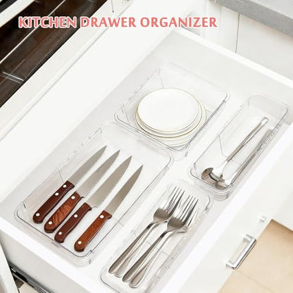 15 Pcs Extendable Drawer Organizer Tray, Adjustable Drawer Storage Bin | 2-size Clear Acrylic Bathroom & Vanity Drawer Organizers for Makeup Cosmetic Kitchen Utensils, Dresser Desk Drawer Storage