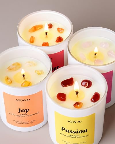 AOOVOO Energy Candles Set for Women - 4 Pack Soy Candles for Home Scented | 28 oz Soy Wax, Aromatherapy Candle with Crystal, Red Quartz Laughter /Rose Quartz Love /Citrine Joy /Red Agate Passion - style: Energy Candles Set