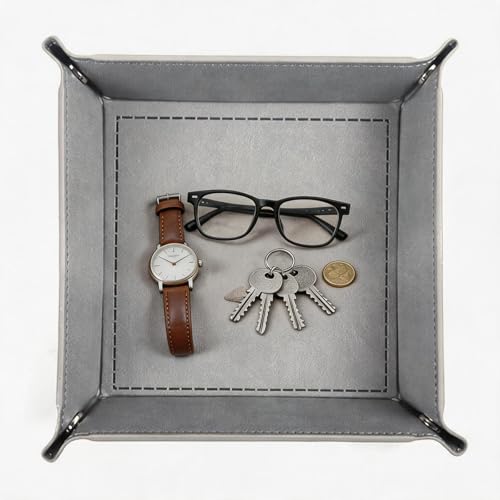 Valet Tray Desktop Storage Organizer - Vegan Leather Catchall Tray Bedside Vanity Tray Nightstand Caddy Holder for Remote Controller, Watch, Keys, Phone, Wallet, Coin, Jewelry - Gray - color: Gray