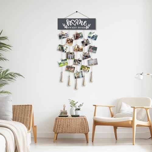 Home Sweet Home Family Hanging Display Board with 16 Clips, Rustic Wood Picture Collage Frame with Tassels Farmhouse Wall Decor - color: Home Sweet Home