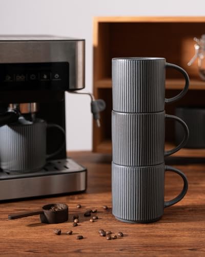famiware Coffee Mug Set of 4, Star 12 oz Ceramic Mugs Cups Set with Handle | Stoneware Stackable Catering Cup for Coffee, Tea, Cappuccino, Latte, Microwave & Dishwasher Safe, Matte Dark Charcoal - color: Star-Matte Dark Charcoal, size: 4 Count (Pack of 1)