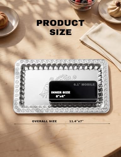 4-Pack Small Silver Serving Trays Set - ZENOVLUX Swirl Floral Engraved Mirror Decorative Tray, 11.4" x 7" Wedding Party Platters for BBQ, Food, Appetizer, Charcuterie, Cookies, Desserts - size: 11.4" x 7"