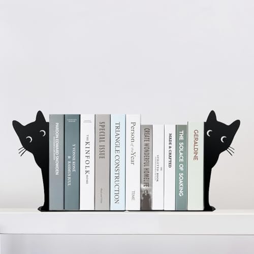 2 Sets Peeping Cat Bookends,Metal Cat Book Ends for Heavy Books for Shelves Decorative,Bookshelf Decor Home Office Desk for Cat Lover Gifts Black (Cat 2PCS) - color: Cat 2pcs