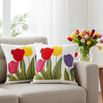 Hahafelt 2Pcs Spring Floral Embroidered Decorative Throw Pillow Covers 18"x 18" Tulip Flower Pillow Covers with Zipper Farmhouse Cushion Cases for Couch Bed Sofa Living Room Bedroom Decor Gift - style: Tulip