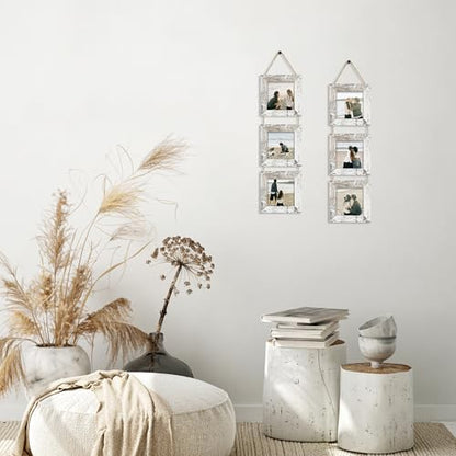 4x4 Collage Picture Frames Set of 2, Rustic Wooden Real Glass Vertical Hanging 3 Opening 4 by 4 Photo Frame, Distressed White - color: Distressed White, size: Vertical-4x4 in