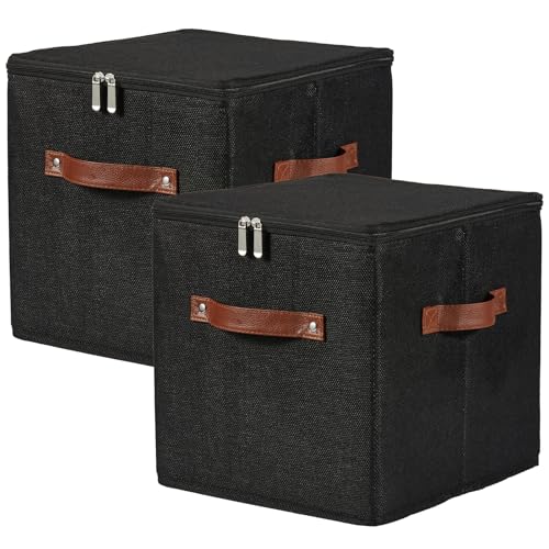 2PCS Storage Cubes with Lids Cotton Linen Fabric Bins Boxes | Decorative Foldable Washable Closet Shelf Organizer Clothes Container with PU Leather Handles, Zipper Lid, Black, 11in - color: Black ( Zipper Lid ), size: Set of 2 ( 11 in )