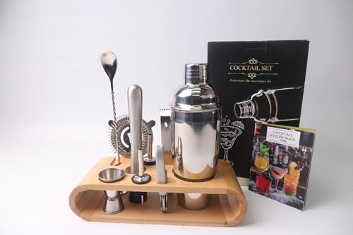 10-Piece Stainless Steel Cocktail Shaker Set with Stand – Bartender Kit w/Martini Shaker, Jigger, Strainer, Ice Tools & Decanter for Home Bar, Party & Gift
