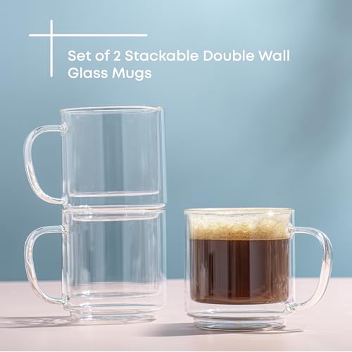 JoyJolt Haven Stackable Double Wall Glass Mugs, Set of 2 (13.5oz) Insulated Coffee Cups, Double Wall Glass Coffee Cups, Tea Cups, Latte Cups, Cappuccino Cups, Clear mugs set of 2 - style: Clear Mugs