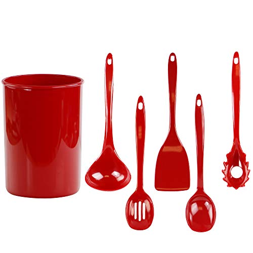 Reston Lloyd 6 Piece Kitchen Utensil Holder for Kitchen Counter, Utensils Crock with Heat Resistant Spoon, Slotted Spoon, Ladle, Spatula BPA Free, Red - color: Red, size: Utensil Holder Set
