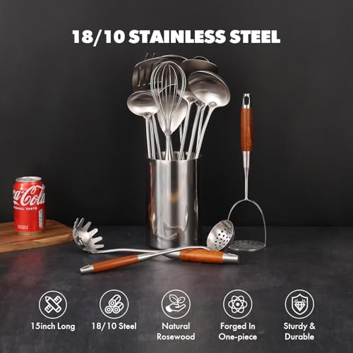 15” Metal Kitchen Utensils Set with RooseWood Handle - 18/10 Stainless Steel Cooking Utensils, 14 PCS Large & Small Spoons Set - Whisk, Masher, Fork, Spatula, Turner, Ladle, Skimmer, Pasta
