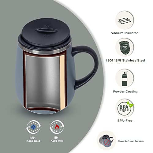 Ideus 16 oz Insulated Coffee Mug with Handle and Lid, Double Wall Stainless Steel Vacuum Thermal Coffee Mug, Travel Coffee Cup Thermal Cup for Home and Office (Ultimate Gray, FUJI DAWN) - color: Ultimate Gray
