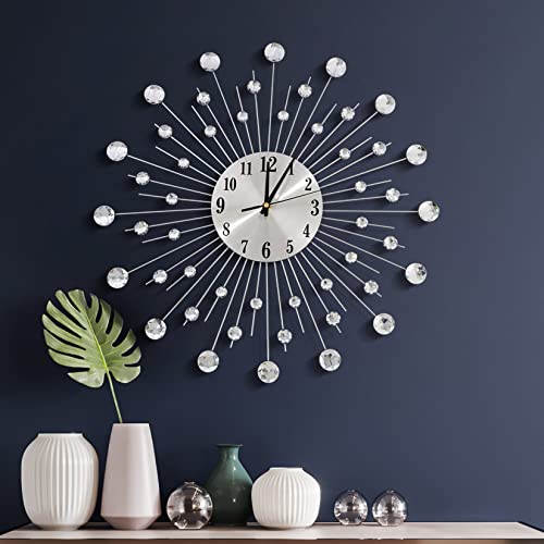 19.7 Inch Large Wall Clock for Living Room Decor, Non-Ticking Quiet Modern Metal Starburst Bling Silver Crystal Wall Clocks Decor for Bedrooms Kitchen Decorative - color: Silver ~19.7 Inch