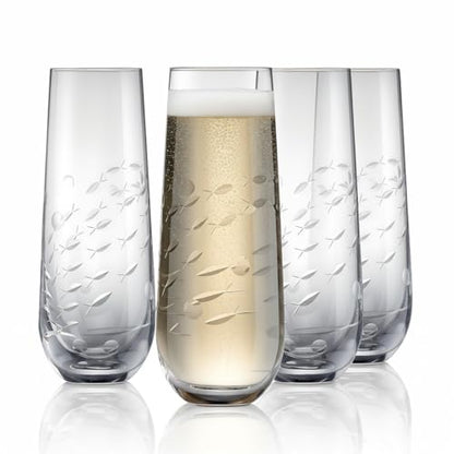 SHOSHIN Stemless Champagne Glasses Set of 4 – 9.5oz Lead-Free Crystal Flutes with Elegant Fish Pattern, Perfect for Parties and Weddings, Dishwasher Safe - color: Fish set of 4