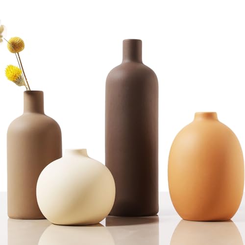 Joeabor Ceramic Vase Set of 4 - Handcrafted Ceramic Vases for Home Decor & Shelf - Modern Farmhouse Decor for Kitchen, Office, Bedroom & Living Room Decorative Objects for Mantel, Table Centerpieces