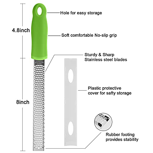 8-Inch Lemon Zester & Cheese Grater, 18/8 Stainless Steel, Green | Fine 18/8 Stainless Steel Blade for Citrus, Parmesan, Ginger and Garlic, Soft Non-slip Handle, Cover, Dishwasher Safe - color: Green