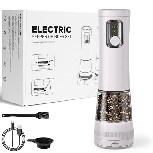 Electric Salt and Pepper Grinder, Rechargeable Automatic Pepper Mill with Base,5-Level Adjustable Coarseness, Display, LED Lighting, Large Capacity-Ideal for Kitchen, BBQ Gifts (1, White-A) - color: White-A