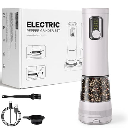 Electric Salt and Pepper Grinder, Rechargeable Automatic Pepper Mill with Base,5-Level Adjustable Coarseness, Display, LED Lighting, Large Capacity-Ideal for Kitchen, BBQ Gifts (1, White-A) - color: White-A