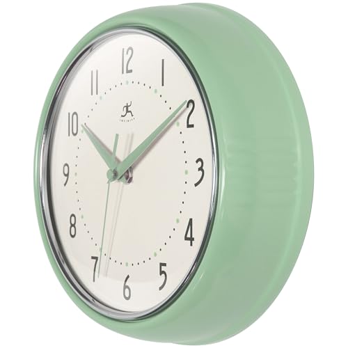 Infinity Instruments Retro Round Metal Wall Clock, Meadow Mist, 9.5" - color: Meadow Mist, size: 9.5 Inch