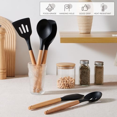 E-far Silicone Cooking Utensils Set, 5-Piece Black Kitchen Utensils Set with Wooden Handle for Cooking, Silicone Kitchen Nonstick Tools Spatula Turner Slotted Spoons, Nontoxic & Heat Resistant-Black - color: Black, size: 5