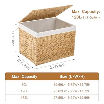 Water Hyacinth Storage Basket with Lid, 31.7 Gallon (120L) Wicker Shelf Basket with Removable Liner, Wicker Storage Basket for Blanket, for Livingroom, Bedroom, Natural - size: 23.62"L x 17.72"W x 17.72"H