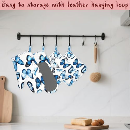 Blue Butterfly Heat-Resistant Silicone Oven Mitts and Pot Holder 4 Piece Set,Non-Slip Kitchen Oven Gloves for Baking, BBQ, Cooking,Grilling - color: Blue Butterfly