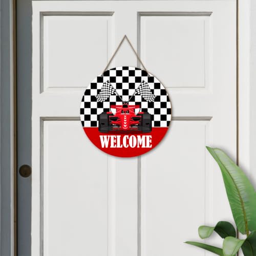 Welcome Race Car Black White Checkered Wood Hanging Sign Home Decor | Race Car Wooden Door Sign Decorations for Home Entryway Yard Porch