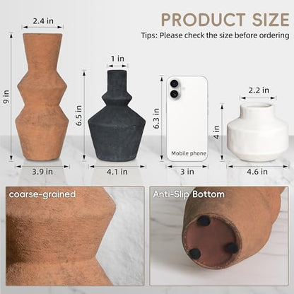 DREAMLOOM Modern Modern Ceramic Vase Set of 3, Rust | Funnel Shaped, Farmhouse Rustic, Pampas Grass, Home Decor, Living Room Bedroom Kitchen Shelf Centerpiece - color: Rust Red Combo - Funnel-shaped
