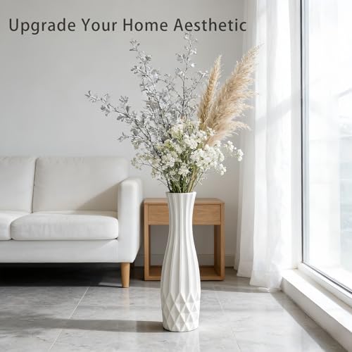 White Tall Ceramic Floor Vase, 24 Inch, Flared Geometric Design | Glossy Glazed Finish, Living Room, Fireplace, Entryway, Pampas Grass - color: Shape 2, size: 24 Inch