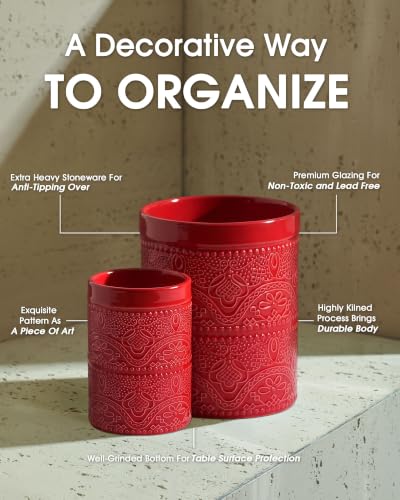 Kitchen Utensil Holder, 7.2+5.5" Super Large Utensil Crock Heavy and Stable Lace Emboss Ceramic Utensil Holder for Kitchen Counter (2Pcs Christmas Red) - color: 2Pcs Christmas Red