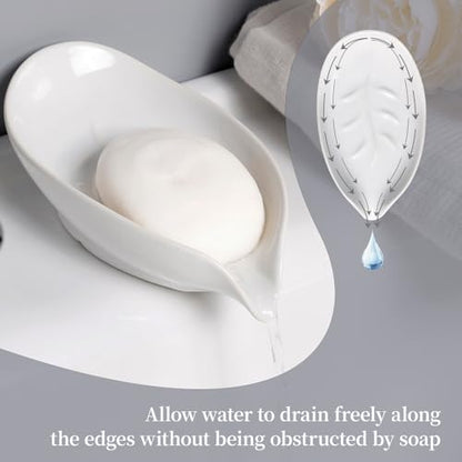 Soap Holder, Self-Draining Soap Dish, White Leaf Shape Ceramic Bar Soap Holder Drain Soap Dishes for Bathroom Sink Kitchen, Easy to Clean Keeps Soap Dry, ANTIS'S HOME - color: White-enhanced Drainage-1pcs