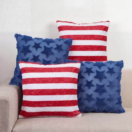 Tiamon 4 Pcs Patriotic 4th of July Throw Pillow Covers 18 x 18 Inch USA Flag American Plush 3D Embroidered Pillow Cases Red White Blue Stripe Star Cushion Covers for Independence Day Decor Sofa Bed - style: Stripe and Star