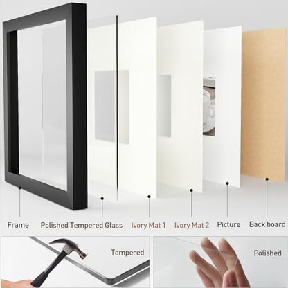 Yaetm 12x12 Square Picture Frame Matted to 5x5, Double Floating Ivory Mat, Black Photo Frame with Polished Tempered Glass for Wall Gallery, Home and Office, Wall Mounting, 3 Pack, Black