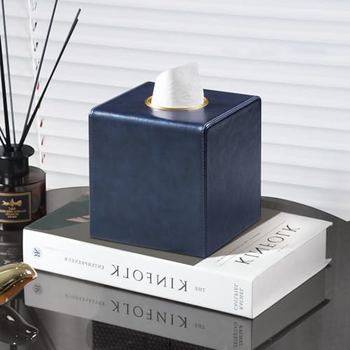 Square Tissue Box Cover with Magnetic Closure, Navy Blue | Luxury PU Leather Tissue Holder with Gold Tone Metal Opening, Fits All Standard Cube Tissue Boxes - color: Navy Blue